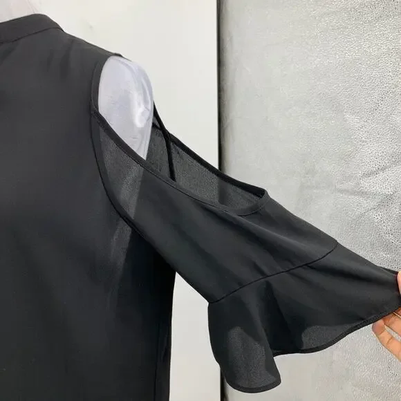 Michael Kors Blouse Womens M Medium Black Lace Up Cold Shoulder Sheer Panel - Picture 5 of 11